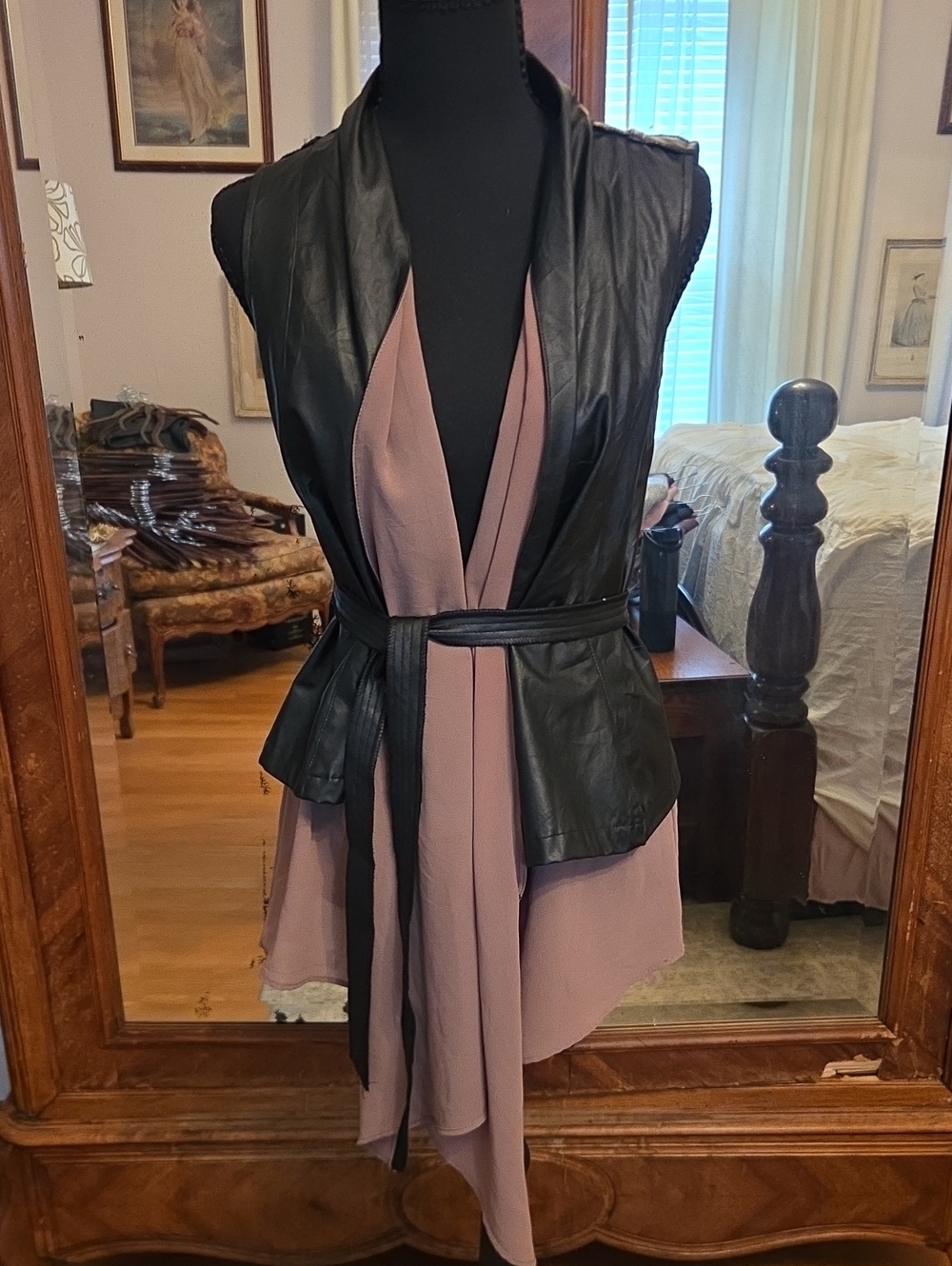 Double Zero Black Faux Leather Sleeveless Belted Vest with Taupe Lining